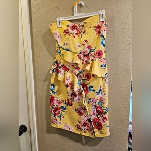 Bright yellow Floral strapless ruffle midi dress